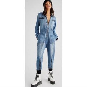 SANDRINE ROSE x FREE PEOPLE Distressed Striped Denim Jumpsuit Slouchy Utility